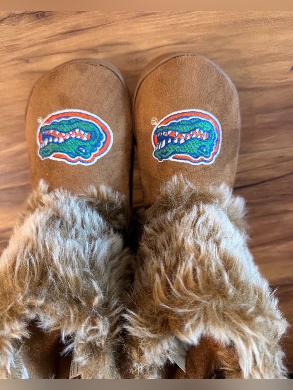 Kids Brown Faux-Fur Slip-On Slippers with Colorful Gator Patch